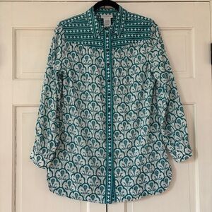 Soft Surroundings Size Small Teal‎ Damask Paisley Diamond Patterned Top Blouse